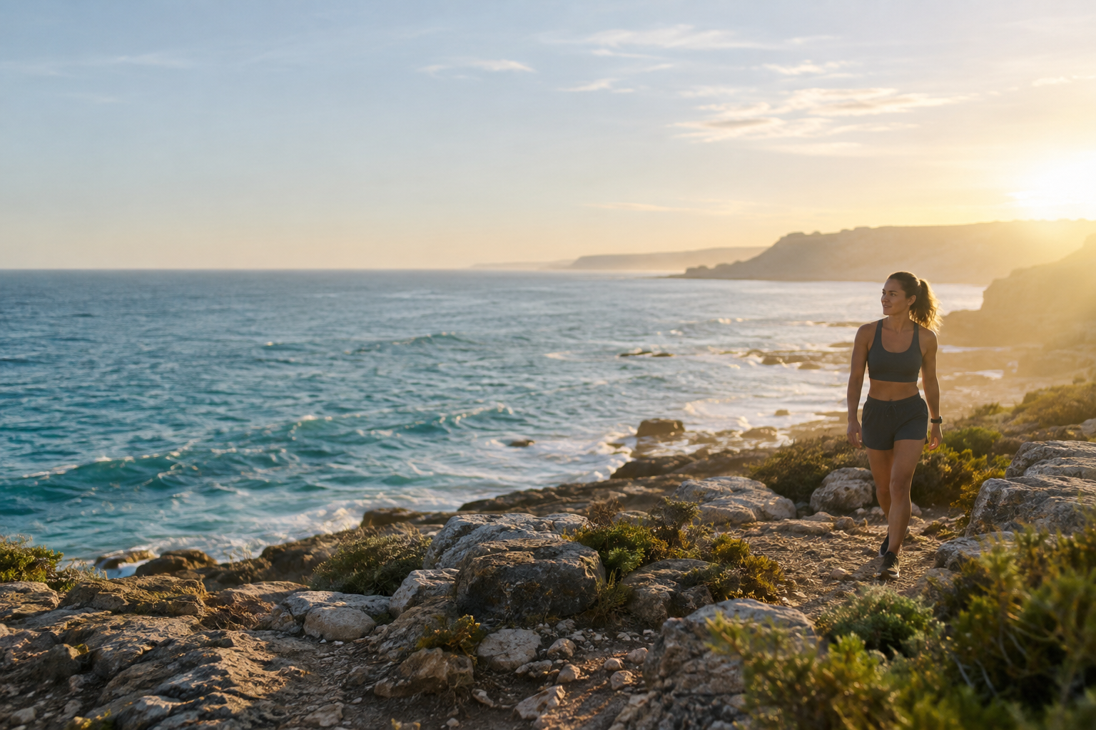 A woman enjoying a quiet morning walk beside the ocean